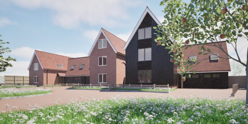 CGI visualisation of barn and farmhouse-inspired homes at Firwood Court featuring red brick, black weatherboarding and clay tile roofs.