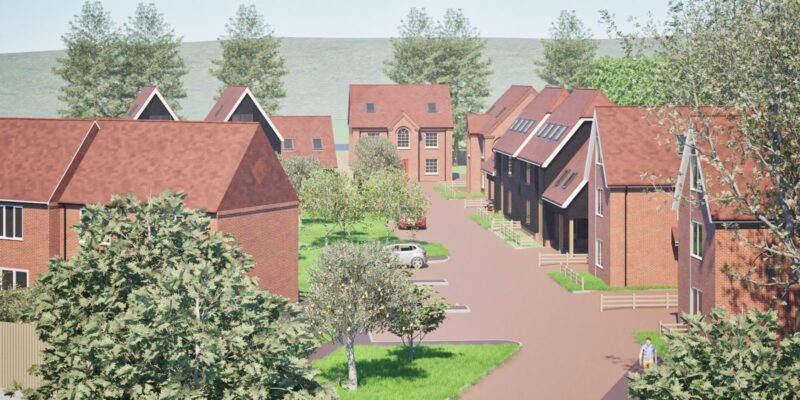 Street-level CGI of Firwood Court showing the central green, barn-inspired homes and farmhouse-style architecture in Herne Common, Kent.