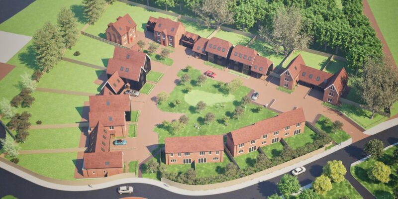 Aerial CGI view of the Firwood Court residential development in Herne Common showing 16 homes arranged around a landscaped central green.