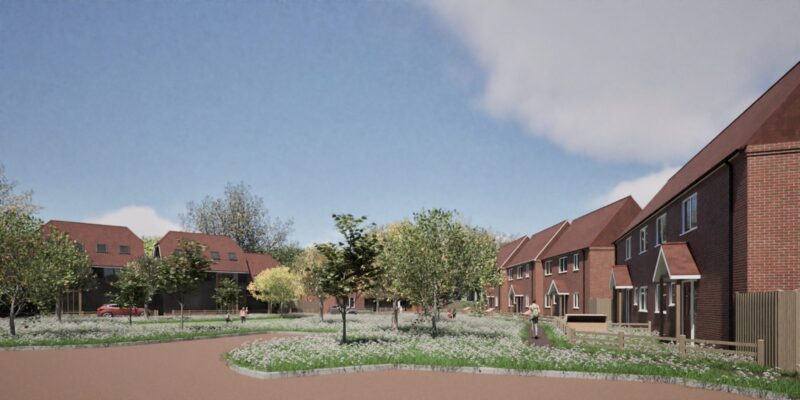 CGI visualisation of the landscaped village green at Firwood Court with traditional red brick terraces and barn-style homes.