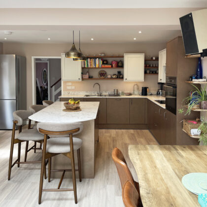 Open-plan kitchen renovation in Whitstable featuring a large island, contemporary cabinetry and integrated dining space.
